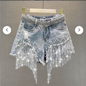 Crystal Sequin Cowgirl Tassel Denim Shorts